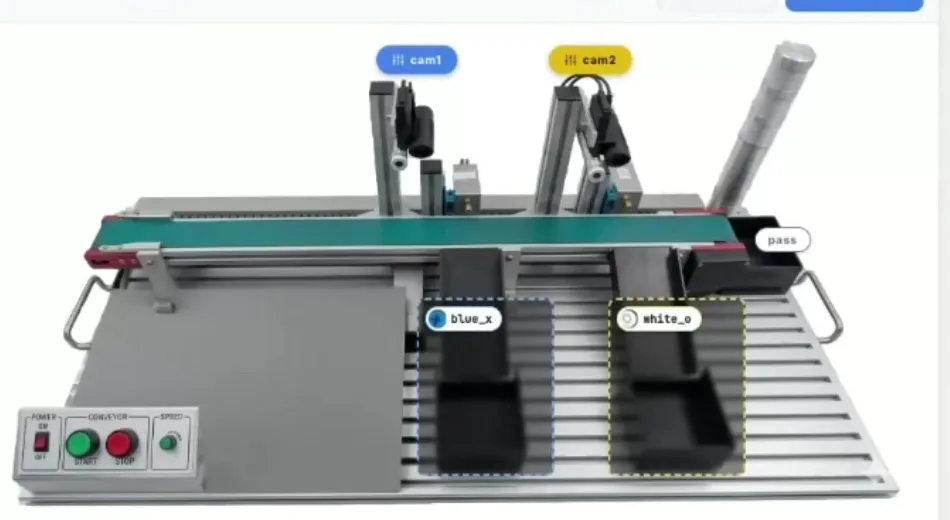 Smart Factory AI 교육 장비 — 컨베이어, 듀얼 카메라, 자동 분류 게이트